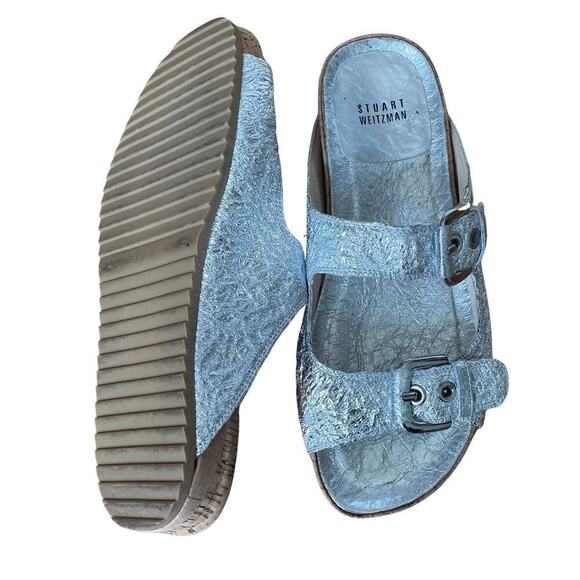 Stuart Weitzman Metallic Silver Leather Sandals | 6.5, Rare Birkinstock Style - Picture 8 of 9